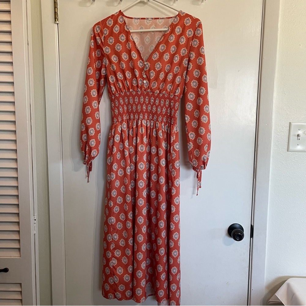 Chic Long Sleeve Orange Patterned Dress